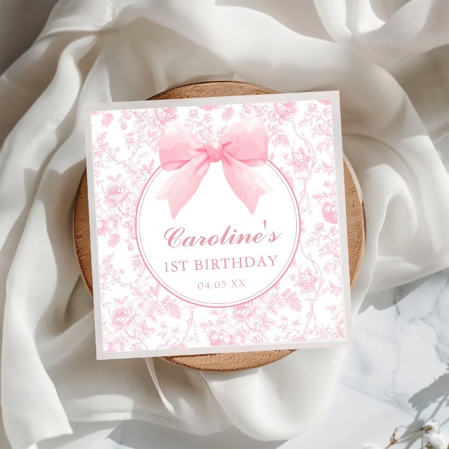 Toile Pink Bow Floral Chinoiserie Birthday Napkins (Creator Uploaded)
