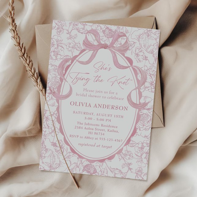 Toile Pink Bow She's Tying the Knot Bridal Shower Invitation (Creator Uploaded)