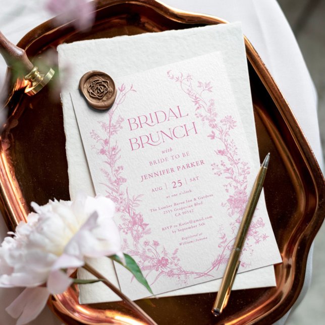 Toile Pink Floral Bridal Brunch  Invitation (Creator Uploaded)