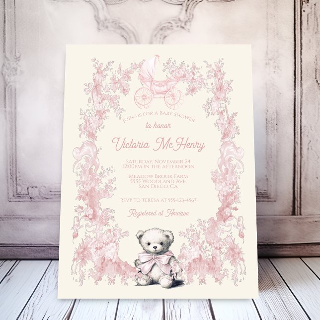 Toile Pink Floral Teddy Bear Carriage Baby Shower Invitation (Creator Uploaded)