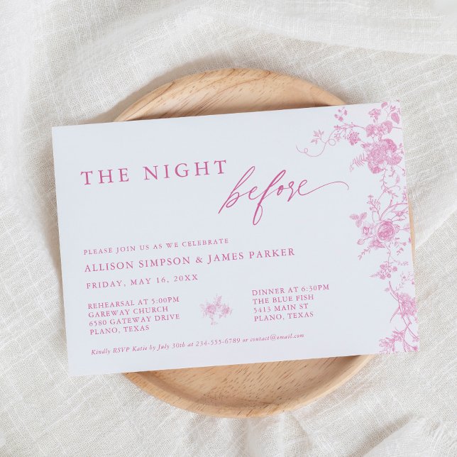 Toile Pink Floral Wedding Rehearsal Dinner Invitation (Creator Uploaded)