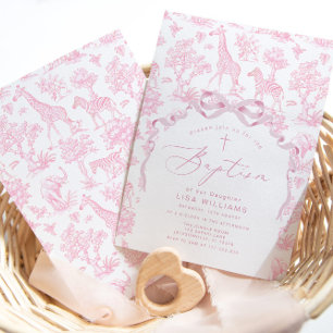 Toile Pink Girl Baptism Safari Chinoiserie Invitation