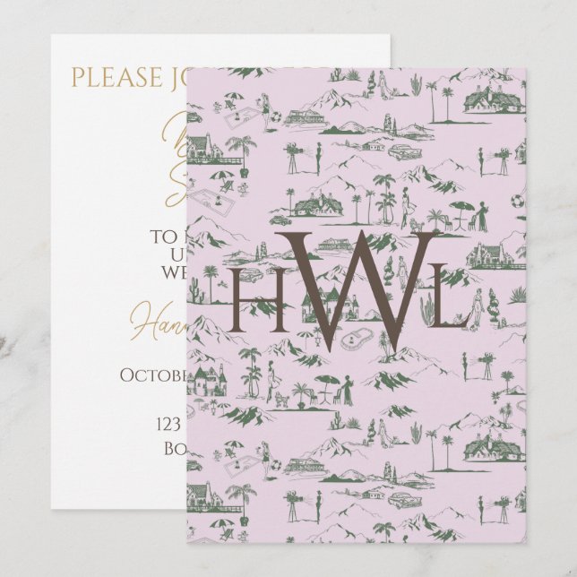 Toile Pink Modern Bridal Shower Invitation (Front/Back)