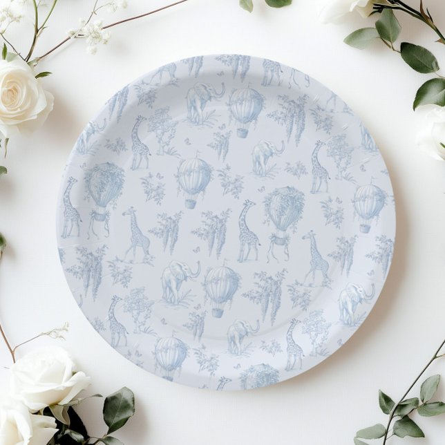 Toile Safari Hot Air Balloons Blue Baby shower Paper Plate (Creator Uploaded)