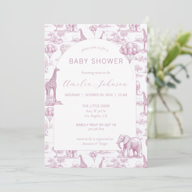 Toile Safari Pink Baby Shower Invitation Animal (Standing Front)