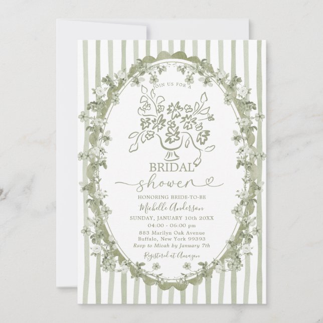 Toile Sage Floral Bouquet Bow Bridal Shower Invitation (Front)