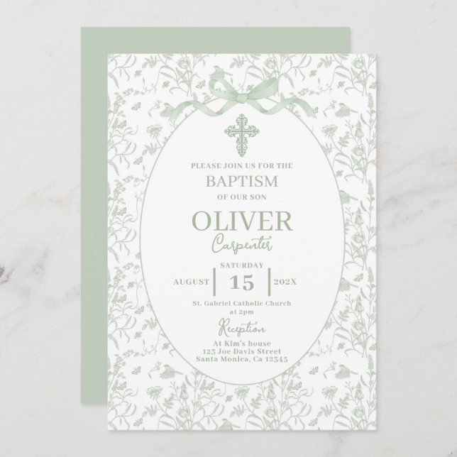 Toile Sage Green Baptism Invitation (Front/Back)