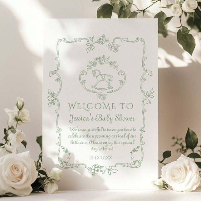 Toile Sage Rocking horse baby shower Welcome Poster (Creator Uploaded)