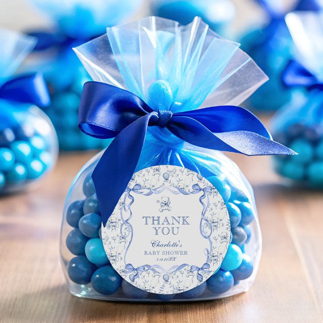 Toile Teddy Bear Chinoiserie Baby Shower Thank You Classic Round Sticker (Creator Uploaded)