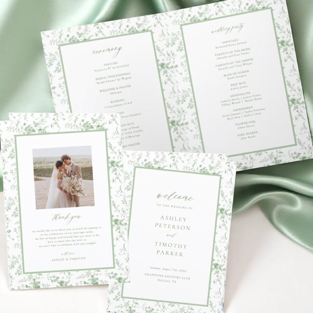 Toile Victorian Green Floral Wedding Ceremony Programme (Creator Uploaded)