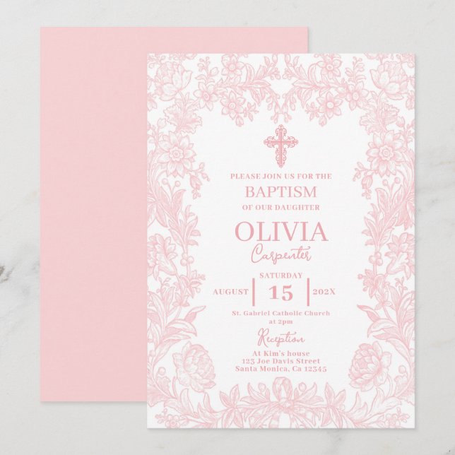 Toile Vintage frame Baptism Invitation (Front/Back)