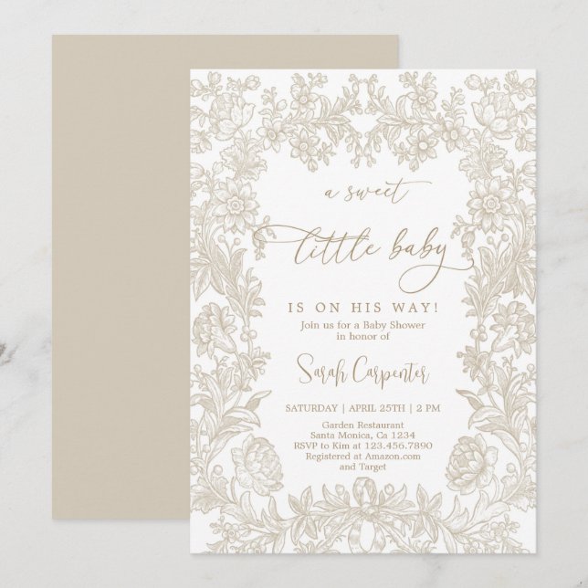 Toile Vintage frame Neutral Baby Shower Invitation (Front/Back)