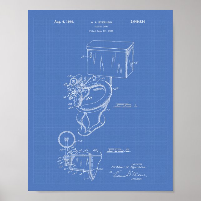 Toilet Bowl 1936 Patent Art Blueprint Poster (Front)