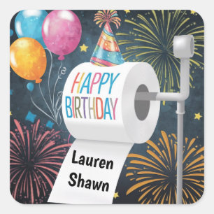 Toilet paper birthday hat balloons fireworks square sticker