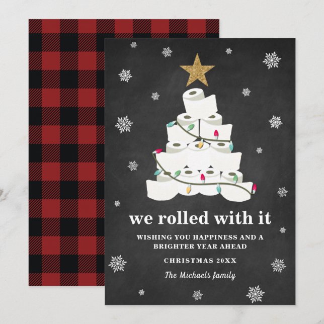 Toilet Paper Christmas Tree Buffalo Plaid Funny Holiday Card (Front/Back)