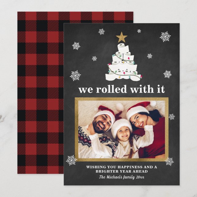 Toilet Paper Christmas Tree Funny Photo Plaid Snow Holiday Card (Front/Back)
