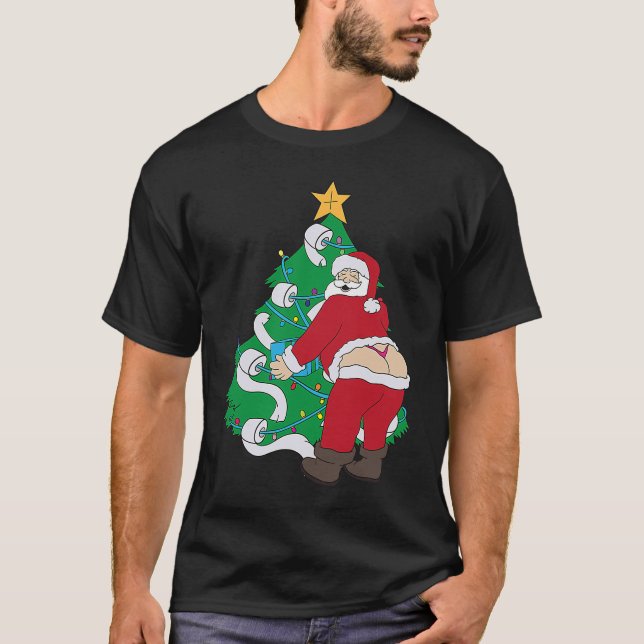 Toilet Paper Christmas Tree Santa Wearing Thongs T-Shirt (Front)