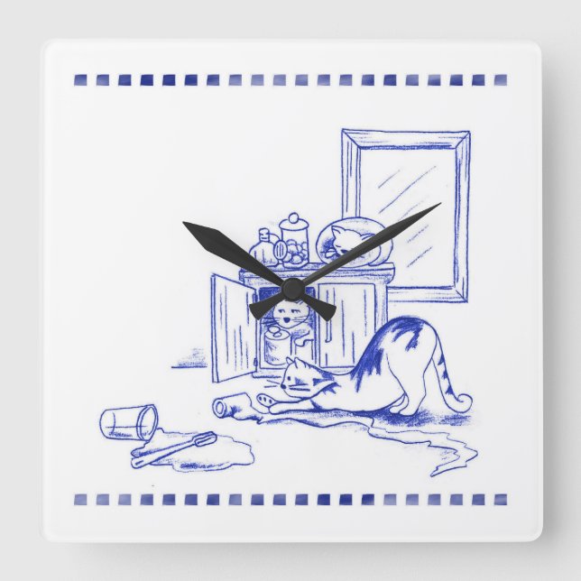 Toilet Paper Fun Kitty Cat Bathroom Toile Look Square Wall Clock (Front)