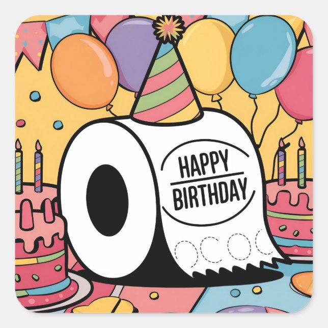 Toilet paper wearing birthday hat balloons square sticker (Front)