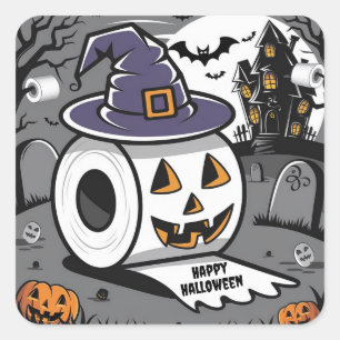 Toilet paper with carved face wearing witches hat square sticker