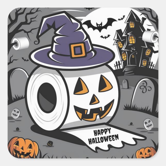 Toilet paper with carved face wearing witches hat square sticker (Front)
