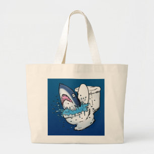 Toilet Shark Funny Blue Cartoon Large Tote Bag