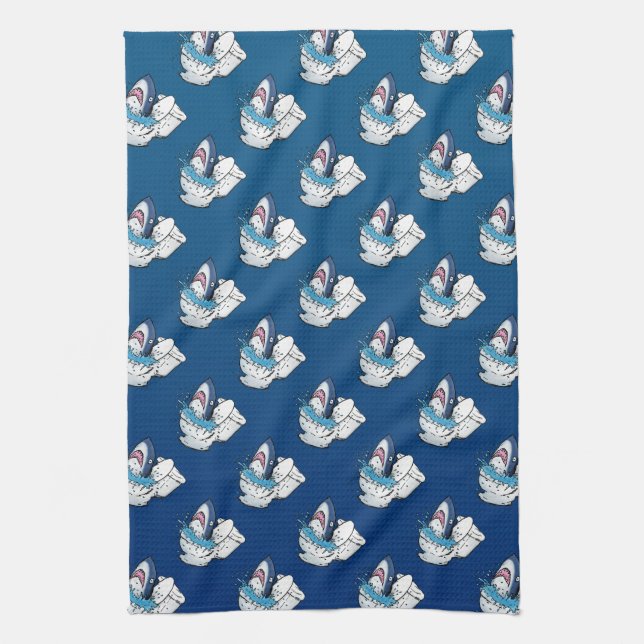 Toilet Shark Funny Blue Cartoon Tea Towel (Vertical)
