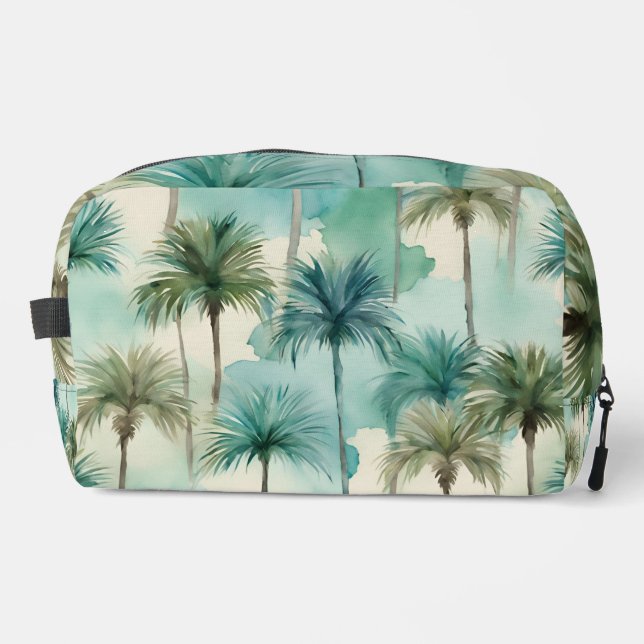 Toiletries Bag Teal Blue Green Palms Watercolor (Front)