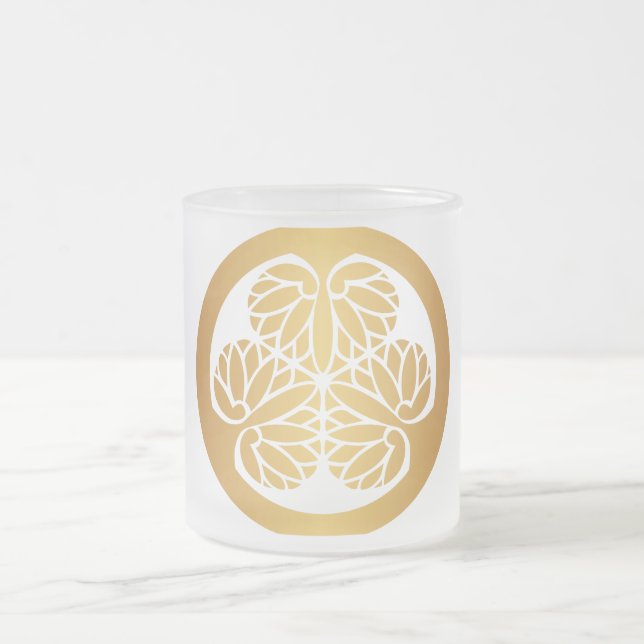 Tokugawa Aoi Japanese Mon Family Crest Gold on Red Frosted Glass Coffee Mug (Center)