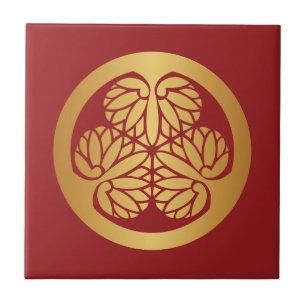Tokugawa Aoi Japanese Mon Family Crest Gold on Red Tile