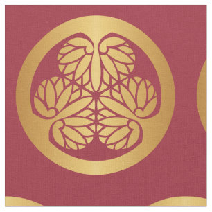 Tokugawa Aoi Mon Japanese Family Crest Gold on Red Fabric