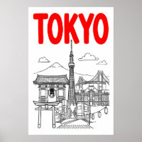 Tokyo City Wall Art Bold Red Lettering with Iconic