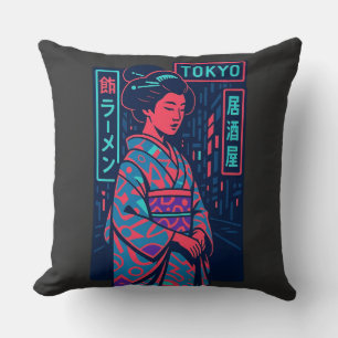 Tokyo Glow Geisha in Neon Streets Cushion