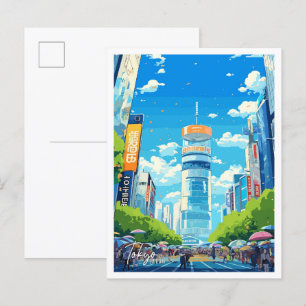 Tokyo Japan Art Vintage Travel Illustration Postcard