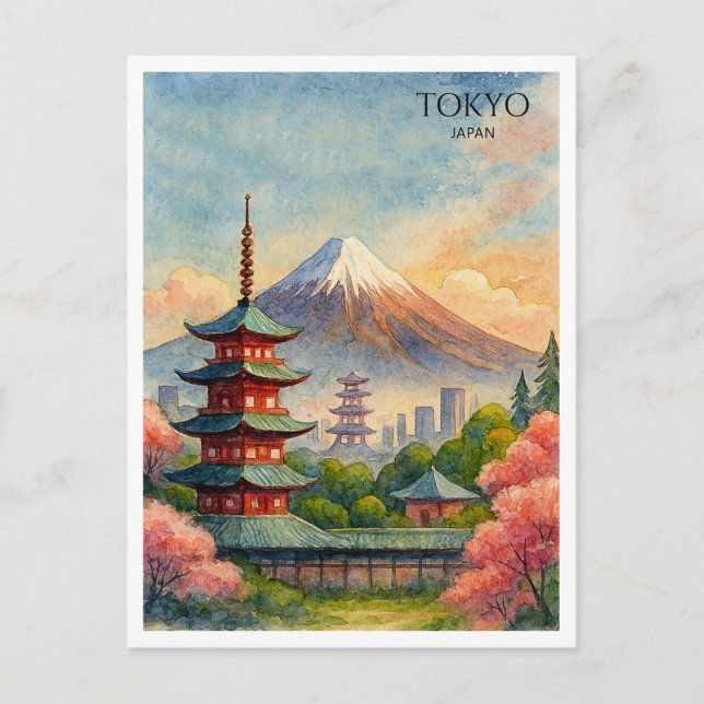 Tokyo Japan Cityscape Watercolor Souvenir Holiday Postcard (Front)