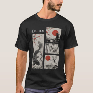 Tokyo Japan Koi Fish Crane Bamboo Red Sun Asian In T-Shirt