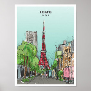 Tokyo Japan Sketch Art Vintage Travel Poster