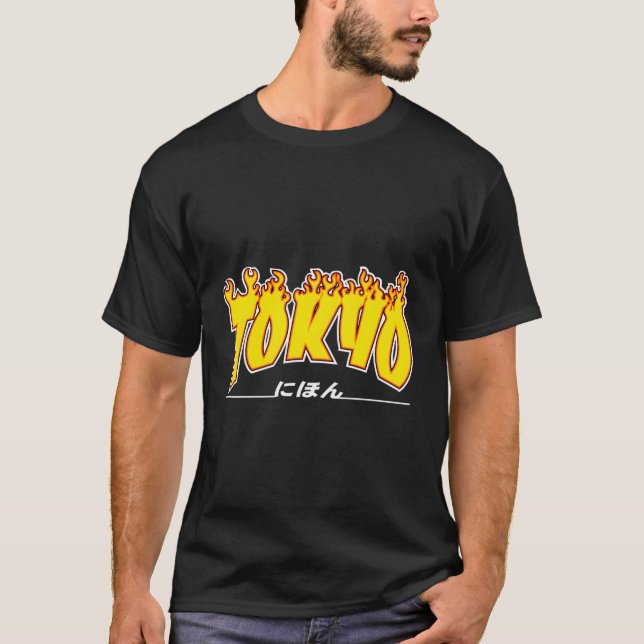 Tokyo Japan Trasher Yellow Orange And Black Flame T-Shirt (Front)