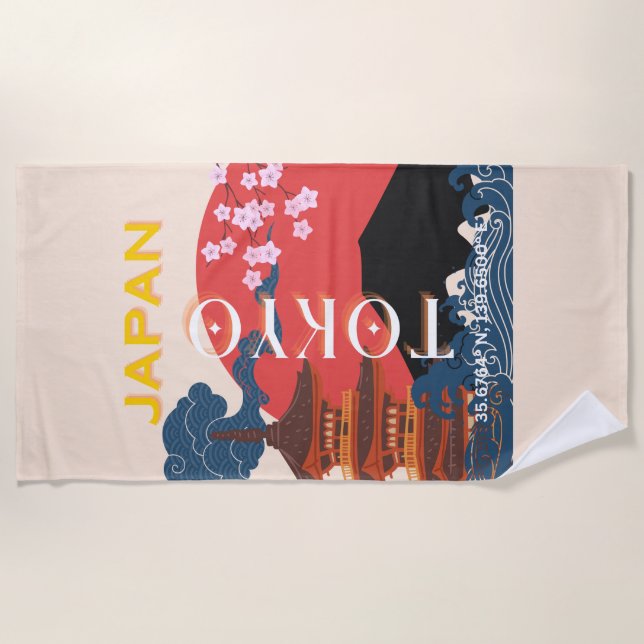 Tokyo Japan Travel Art, Retro Travel Art Beach Towel (Front)