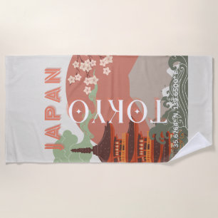 Tokyo Japan Travel Art, Retro Travel Art Beach Towel