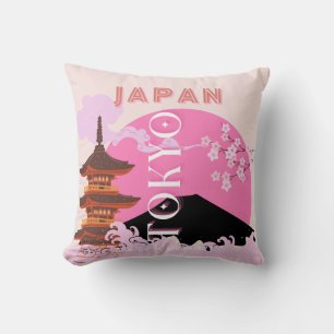 Tokyo Japan Travel Art, Retro Travel Art, Pink Cushion