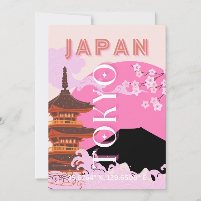 Tokyo Japan Travel Art, Retro Travel Art, Pink Holiday Card (Front)
