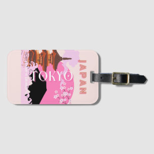 Tokyo Japan Travel Art, Retro Travel Art, Pink Luggage Tag