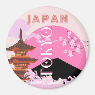 Tokyo Japan Travel Art, Retro Travel Art, Pink Magnet