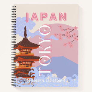 Tokyo Japan Travel Art, Retro Travel Art, Pink Notebook