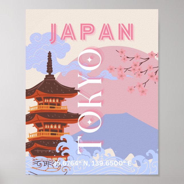 Tokyo Japan Travel Art, Retro Travel Art, Pink Poster (Front)