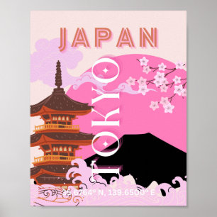 Tokyo Japan Travel Art, Retro Travel Art, Pink Poster