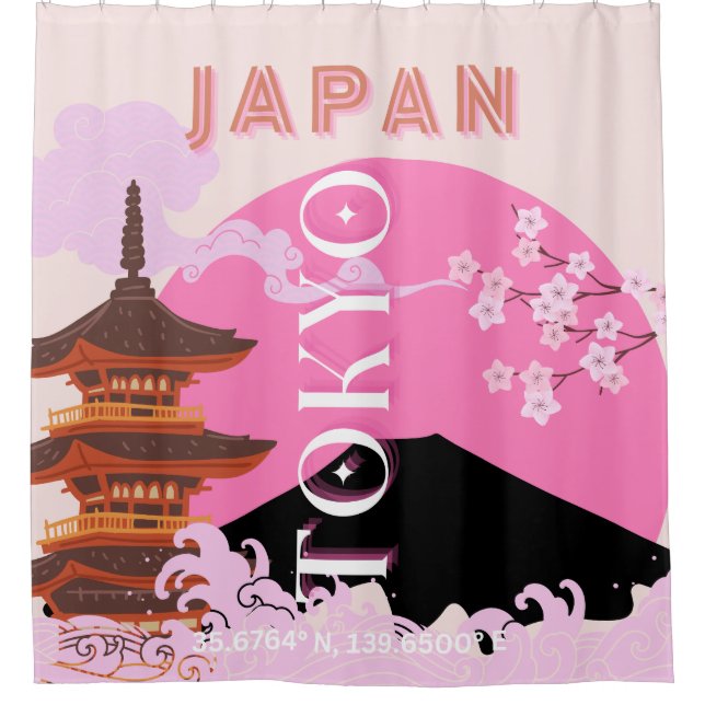 Tokyo Japan Travel Art, Retro Travel Art, Pink Shower Curtain (Front)