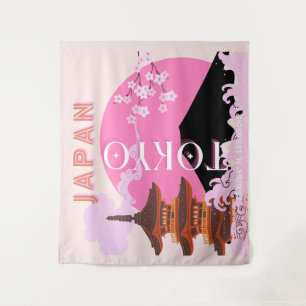Tokyo Japan Travel Art, Retro Travel Art, Pink Tapestry