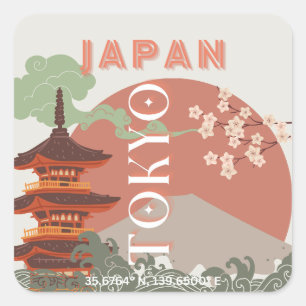 Tokyo Japan Travel Art, Retro Travel Art Square Sticker